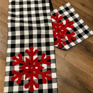 Black and White Checkered Table Runner with Red Snowflake